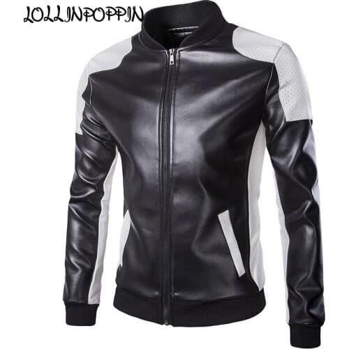 Black White Contrast Color Mens Faux Leather Biker Jacket Stand Collar Baseball Jacket Patchwork College Jackets Men Outerwear