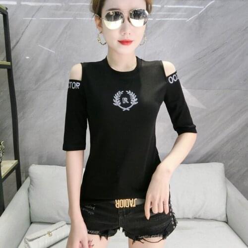 Summer European Style Cotton T-Shirt Sexy O-Neck Off Shoulder Shiny Diamonds Women Tops Half Sleeve Slim Tees New 2021