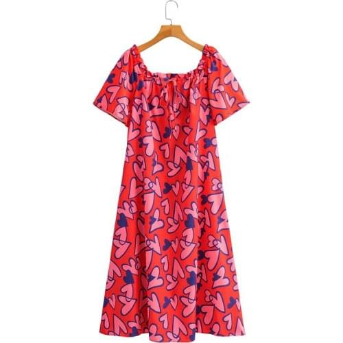 DOUJILI Sweet Red Dress Short Sleleve Round Neck Lovely Heart Printing Loose Long Dress For Women Casual Wearing