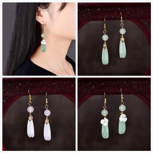 Fashion Temperamental Long Coloured Glaze Dignified Eardrop Classical Retro Cyan Crystal Natural Shell Exquisite Earrings