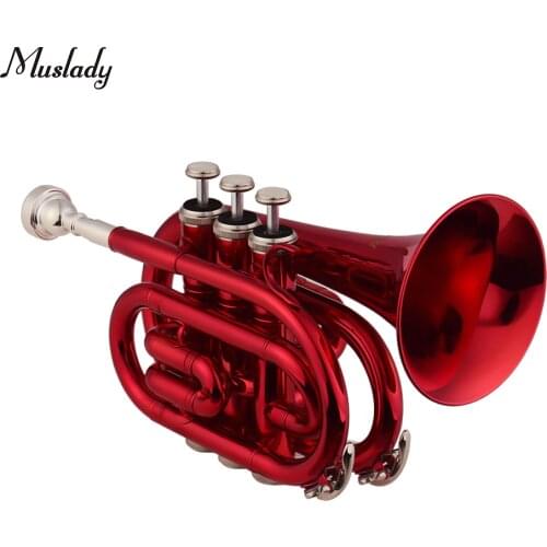 Muslady Mini Pocket Trumpet Bb Flat Brass Material Wind Instrument with Mouthpiece Gloves Cleaning Cloth Carrying Case