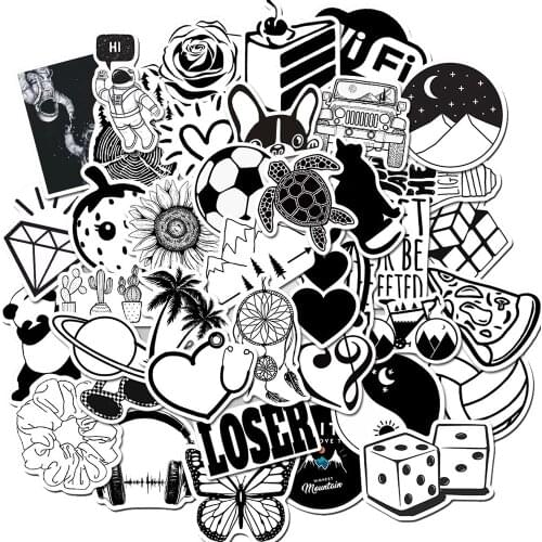 10/30/50PCS Metallic Black and White Cool Stickers Laptop Guitar Luggage Phone Waterproof Graffiti Sticker Decal Kid Classic Toy