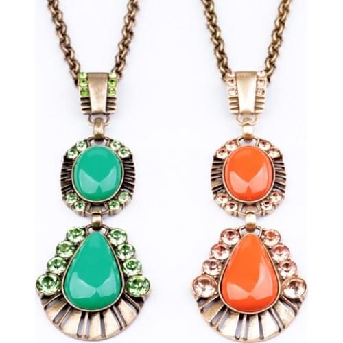 Bulk Price Orange Green Acrylic Geometric Pendant Necklace Antique Gold Color Long Chain Necklace Women Fashion Jewelry