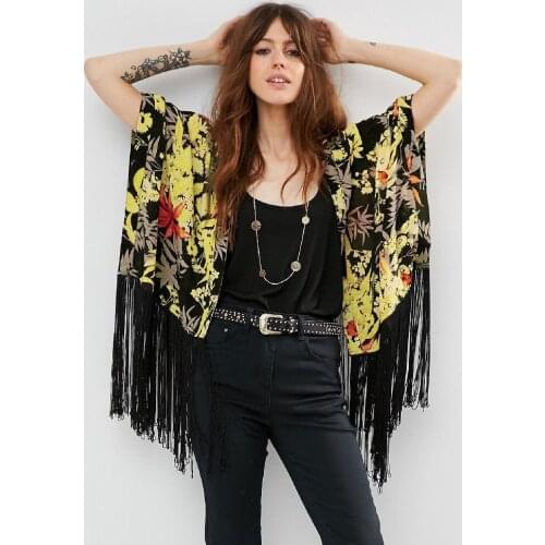 2021 Boho Floral Printed Fringed Chiffon Bikini Cover-ups Plus Size Beach Wear Kimono Dress Women Summer Swimsuit Cover Up A799