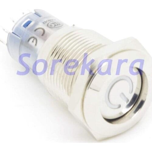 16mm Stainless LED Color W/B/Y/R/O/G Power Mark Latching 2NO 2NC Pushbutton Switch Pin IP67 UL 3V/6V/12V/24V/110V/220V