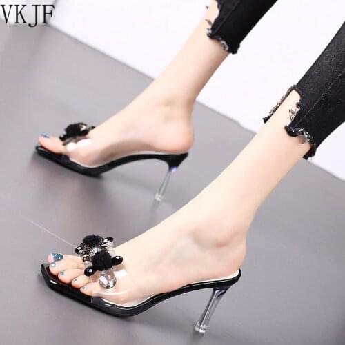 High Heel Slippers Fashion Sexy Woman Slippers Rhinestone Design Summer New Stiletto High Heels Transparent Flip Flops Women