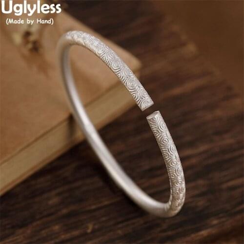 Uglyless 100% Real 999 Pure Silver Bangles for Women 4MM Thick Solid Silver Engraved Vines Open Bangles Ethnic Fashion Jewelry