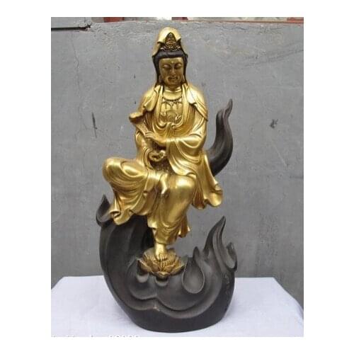 Xd 001484 100% Pure Bronze 24K Gold Gilt freedom goddess of mercy Guan-yin Buddha statue