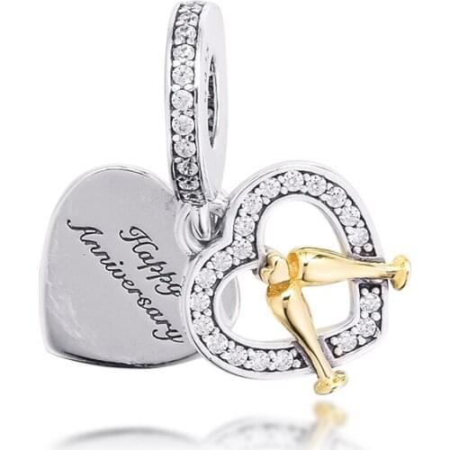 CKK Silver 925 Jewelry Two-tone Happy Anniversary Dangle Charm (14K Gold) Fits Original Bracelets Sterling Beads