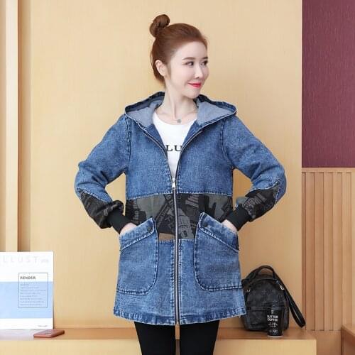 #3128 Blue Black Denim Jacket Women Loose Casual Jeans Jacket Women Denim Coat Spliced Color Big Pockets Long Jacket With Hooded