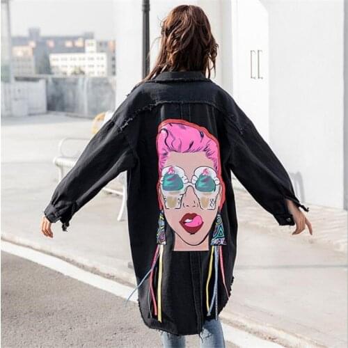 Womens Tops 2019 New Boyfriend Style Character Printed Tassel Loose Black Vintage Hole Burr Denim Jacket Long Sleeve CoatHC113