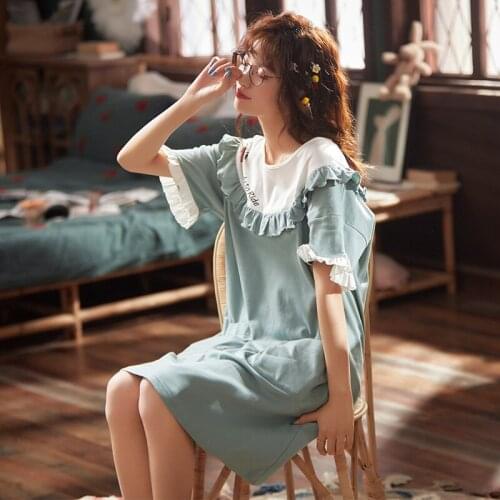 Womens Summer Cotton Short Sleeve Sweet Lovely Fresh Plus Size Females Nightgown Set