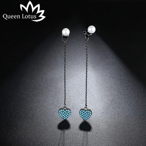 Queen Lotus 2018 Trendy Korean Women Long Earrings Pearl Statement Earrings Blue Heart Drop Earrings High Grade Cubic Zirconia