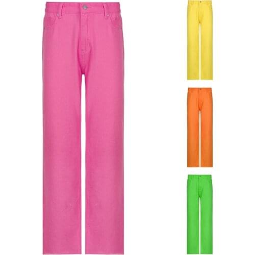 Women Vintage High Waist Jeans Harajuku Bright Solid Color Full Length Denim Pants Straight Leg Loose Long Trousers