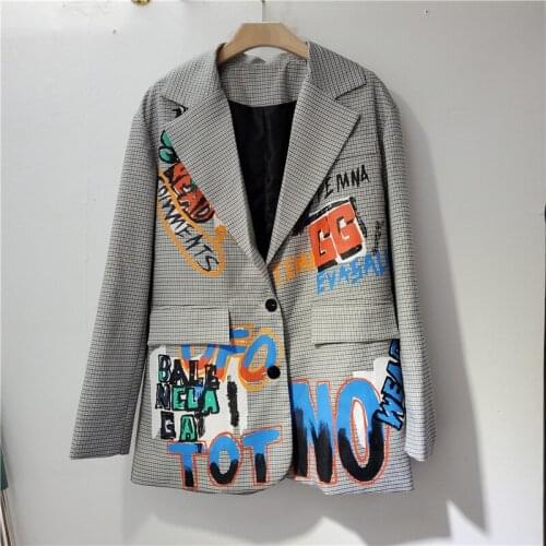 2021 Autumn Women Letter Graffiti Print Plaid Blazer Loose Notched Collar Long Sleeve Casual Chaqueta Mujer Ladies Suit Jacket