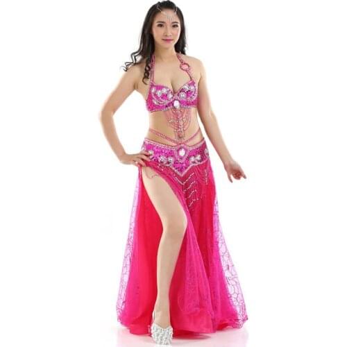 Women Stage & Dance Wear Oriental Dance Sequined Beaded Bra and Belt Bellydance Suit 3pcs Costumes for Belly Dance Indian Dress