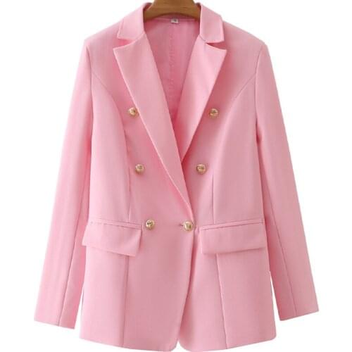 Aonibeier Summer Autumn OL Style Pink Casual Straight Blazers Metal Double Breasted Long Sleeve Women Suit Jacket Female Coats
