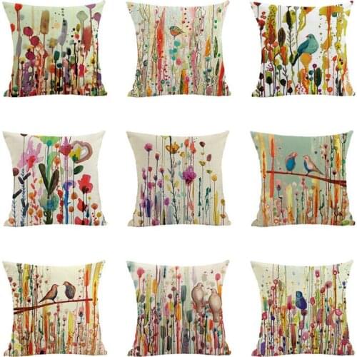 Painting Birds And Flowers Printed Square Pillowcase Watercolor Cushion Decorative Pillow Cushions Home Decor Sofa Throw Pillows