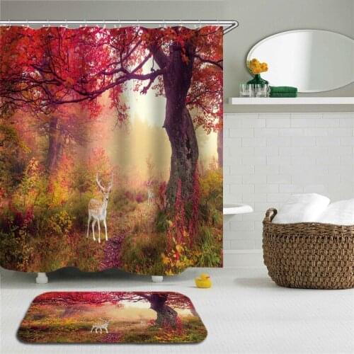 2pcs/Set Green Forest Trees Scenery Shower Curtains Mat Set Bathroom Waterproof Cloth + Non-slip Mat Toilet Bathroom Home Decor