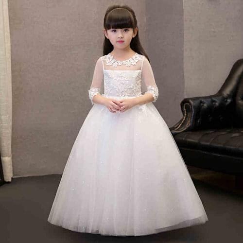 2017 Sequin Lace Tulle Flower Girl Dress Ankle Length Princess Ball Gown Party Wedding Dress Girls first communion Dresses