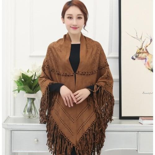 2021 European and American street style stretch knit sanded fashion suede solid color tassel shawl elegant temperament cloak top