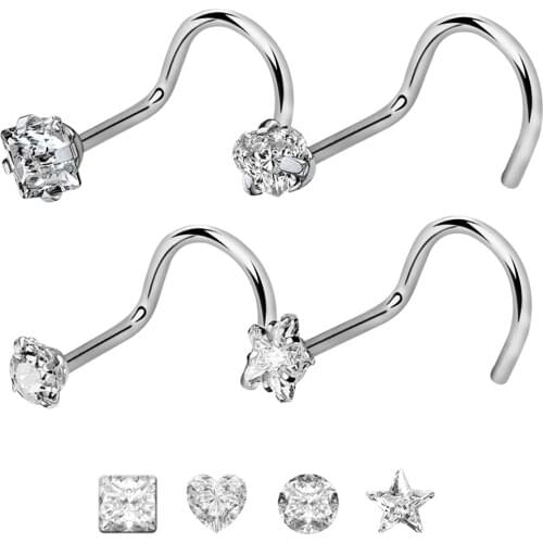 4pcs/lot 20G Nose Ring Surgical Steel Twisted Nose Studs Screw Ring Body Piercing Crystal Nostril Jewelry 4 Shapes Rhinestones