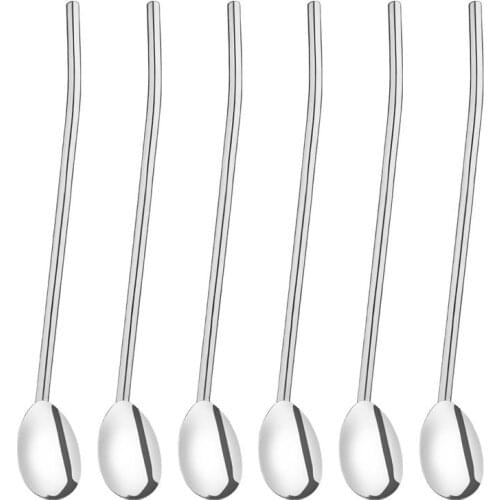 6 Pcs/Pack Stainless Steel Oval Shape Metal Drinking Spoon Straw Reusable Straws Cocktail Spoons Set (Primary Color)
