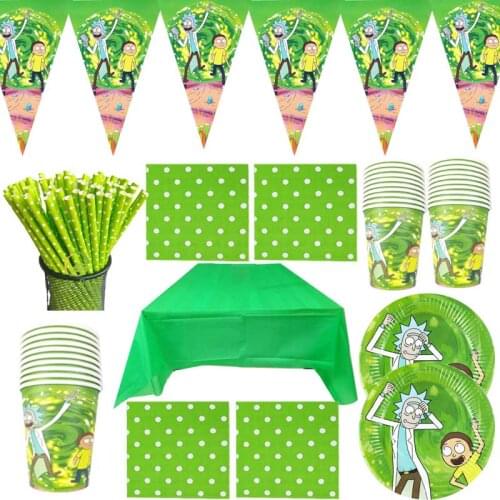 76pcs/lot Rick And Morti Theme Napkins Hanging Banner Birthday Party Flags Plates Cups Tablecloth Decorate Kids Favors Straws