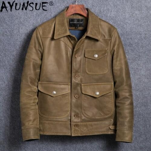 AYUNSUE 100% Real Cow Leather Jacket Men Spring Autumn Cowhide Genuine Leather Coat Motorcycle Jacket Plus Size 1935 KJ4731
