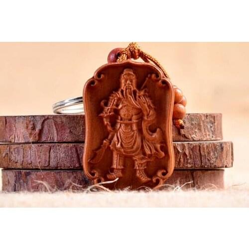 Chinese Wood Carved Craft Kwan Guan Gong Yu Statue Sculptrue Key Chain Ring