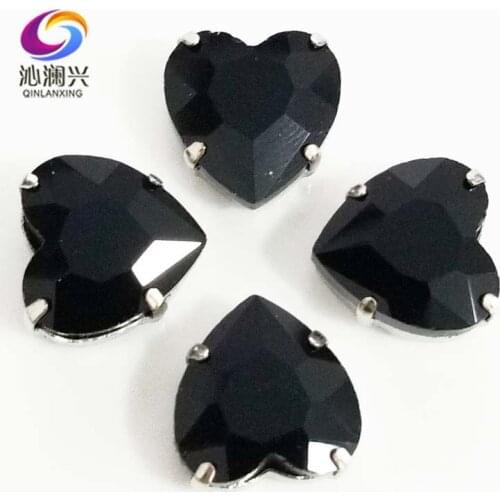 Black heart shape top quality Glass Crystal claw rhinestones,sew on stone with holes for Diy Clothing accessories SWH02