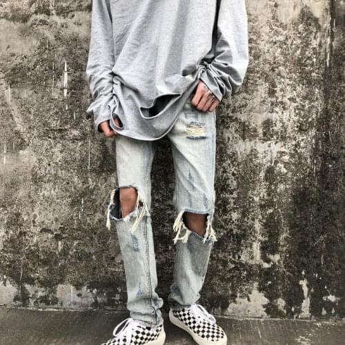 High Street Fashion Men Jeans Blue Color Slim Fit Destroyed Ripped Jeans Men Broken Pants Retro Designer Hip Hop Jeans