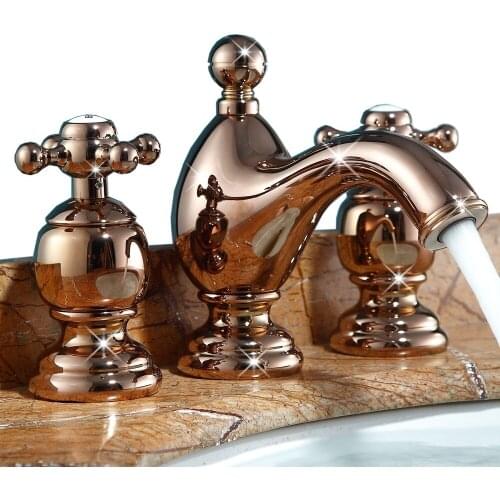 Rose Gold colour European brass three holes Basin faucet Luxury Bathroom cabinet dual handle Cold and hot water tap faucet