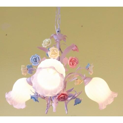 European Warm Pastoral Style Dining Room Three Bedroom Iron Pink Ceramic Flower Rose Korean Pendant Light Bed hanglamp