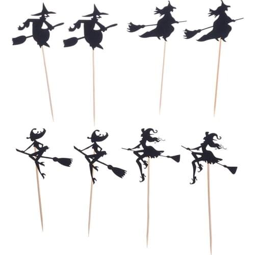 Halloween Cupcake Toppers A Witch Ride On A Broomstick Cake Inserted Card For Kids Birthday Cake Decor Halloween Supplies