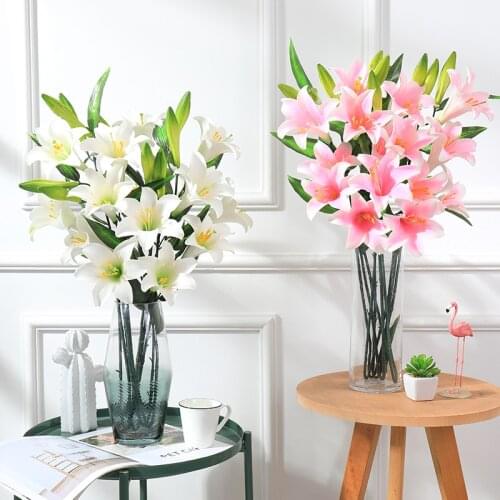 3 heads Lily Latex artificial flowers Valentines Day office decor 5Pcs cheap clearance fall decorations for home