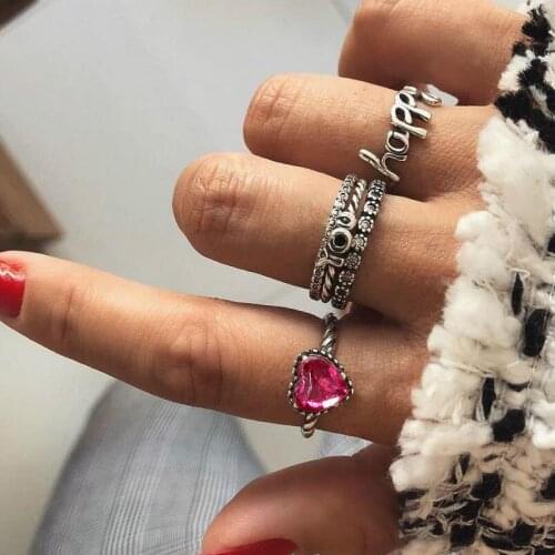 GinaDeer Anelli Silver color Rings For Women Letter Happy You Heart Gem 5-piece Set Ring Anillos De Acero Inoxidable Para Mujer