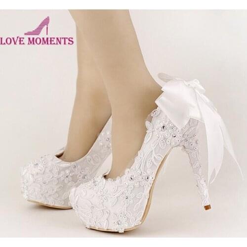 Sweet White Ribbon Bows Bridal Shoes High Heel Platform Shoes with Stiletto Wedding Shoes Handmade Comfortable Satin Women Shoes
