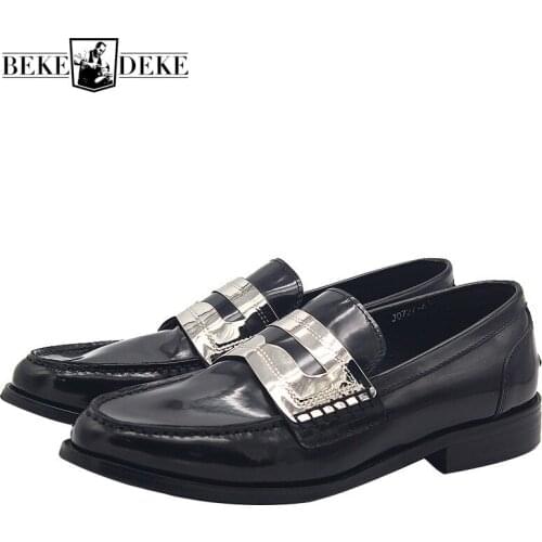 Mocassin Homme Metal Decoration Round Toe Shallow Slip-On Formal Shoes Men Luxury Italian Genuine Leather Party Dress Shoe Black