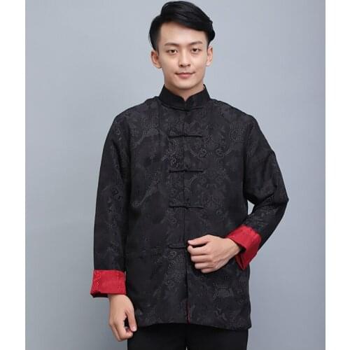 2021 Hot Two Sided Traditional Chinese Clothes Men Tang Suit Top Silk Print Jacket Coat Long Sleeves Personalized Comfort