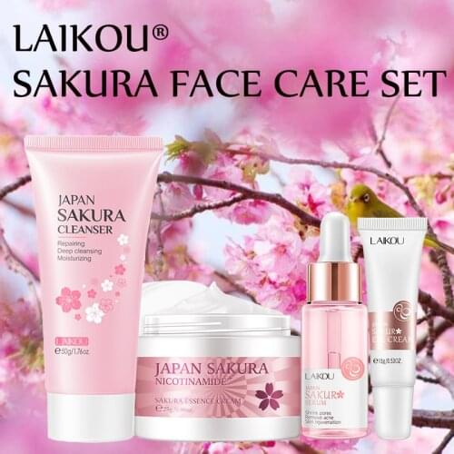 Face Skin Care Set Cherry Blossom Essence Moisturizing Collagen Eye Cream & Face Serum & Facial Cleanser Beauty Makeup Set