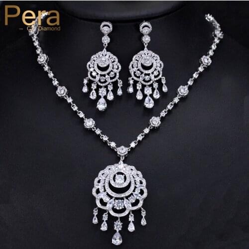 Pera Luxurious Nobel Design Big Dangle Tessal Drop Pendant Necklace And Earring Sets For Bridal Wedding Jewelry Accessories J260
