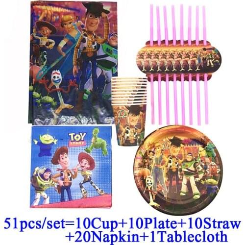 Toy Story 4 party Theme Party Decoration Tableware Set Paper Plates Cups Straws Tablecloth Baby Shower Birthday Party Supplies