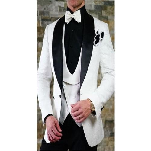 NEW White Printed Lace Wedding Suits For Men Slim Fit Custom Made Three Piece Tuxedo Groom Suit Men Prom Party Suits