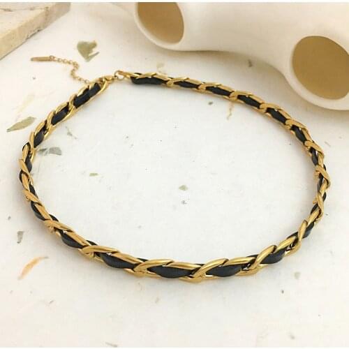 Monlansher Trendy PU Leather 18 K Metal Collar Titanium Steel Chain Chokers for Women Fashion Punk Street Style Necklace Jewelry