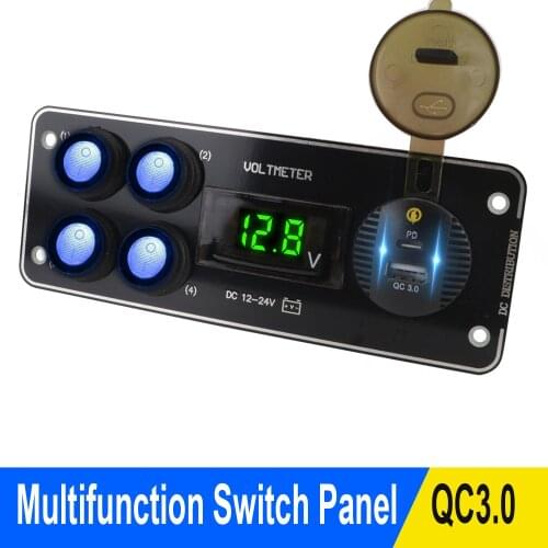 PD Car charging QC3.0 4 Gang Switch Panel Car Push Button 12-24V Voltmeter For Car RV Truck ATV UTV Camper Caravan