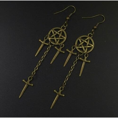 Pentagram Sword Earrings Silver Plated Hug Hoop Pendant Witch Jewelry Pagan Wikentaro Gothic Emo Womens Gift