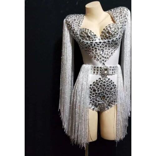 Sexy White Blue Red Big Rhinestones Tassel Bodysuit Bra Women Birthday Celebrate Outfit DJ Women Singer Show Nightclub Bodysuit