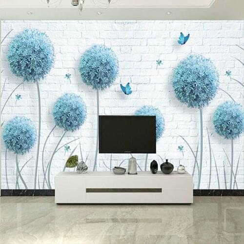 Modern Simple Blue Dandelion Butterfly Brick Mural Wallpaper Living Room TV Sofa Background Wall Home Decor Flowers Wallpaper 3D
