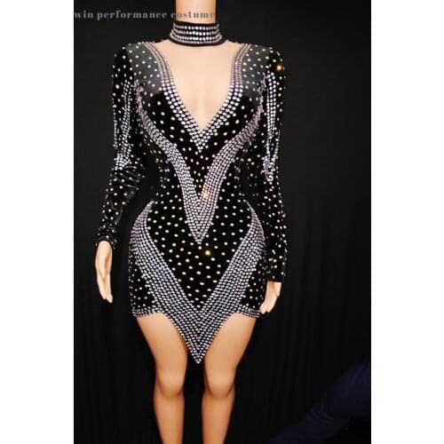 Rhinestone Festival Costume Naked Irregular Peplum Women Sexy Black Tight Dresses Bodycon Party Birthday Latin Slim Vestidos